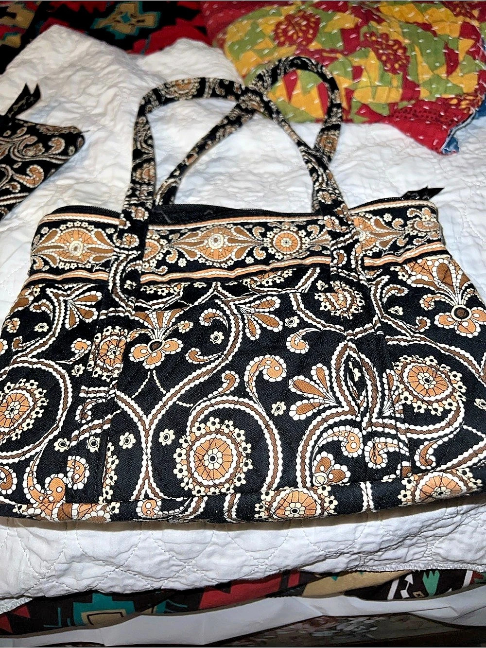 Vera Bradley Paisley Tote Bag in Black & Brown 3 items.